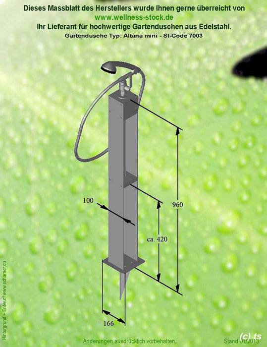 Massblatt der Kaltwasser Gartendusche Typ Altena mini