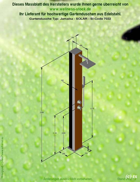 Das Massblatt der Solardusche mit Kalt- und Warmwasser Typ Jamaica-Solar