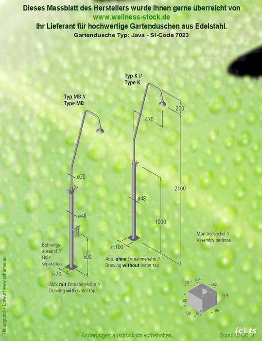 Massblatt Gartendusche Java - Kaltwasser optional auch mit Warmwasser