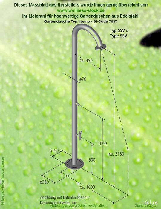 Massblatt der Kaltwasser Edelstahl Gartendusche Typ Nemo